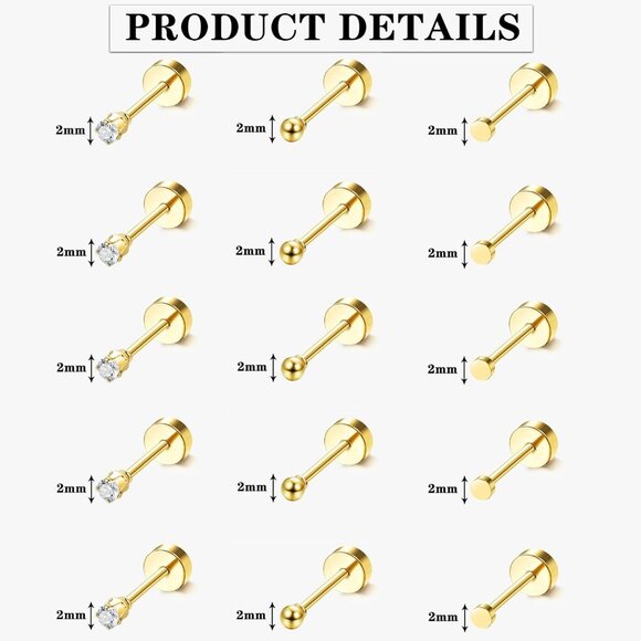 Small Gold & CZ Flat Back Cartilage Earring Set, 15 Pairs, Surgical Steel, Comfo - Picture 2 of 6